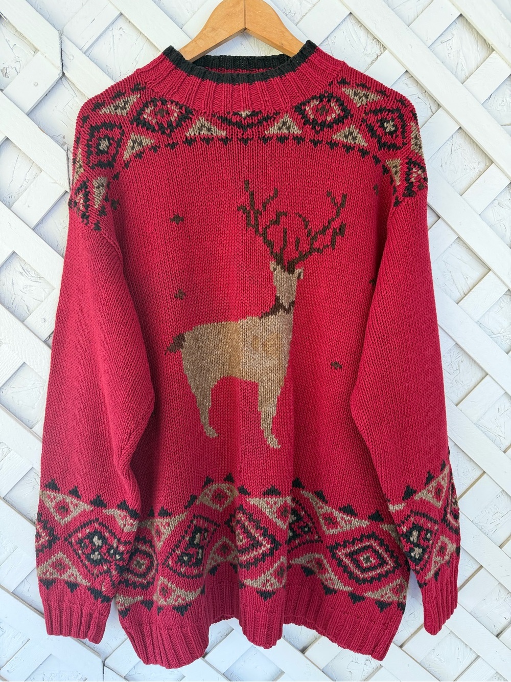 Vintage Eddie Bauer Red Deer Motif Crewneck Sweater Knitted by Hand XXL